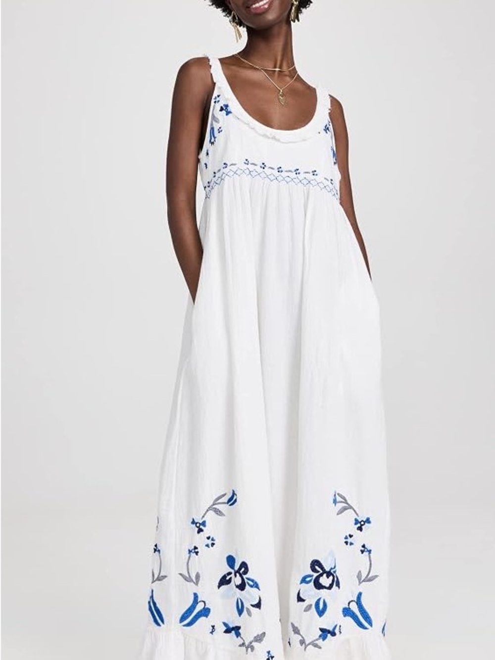 Free People Magda White Maxi Dress with Blue Floral Embroidery